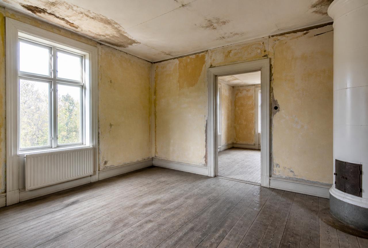 Slitet rum med flagnande färg och fläckigt tak före renovering
